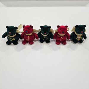 5 Red and Green Velvet Holiday Joy Bears With Gold Embroidered Tummies